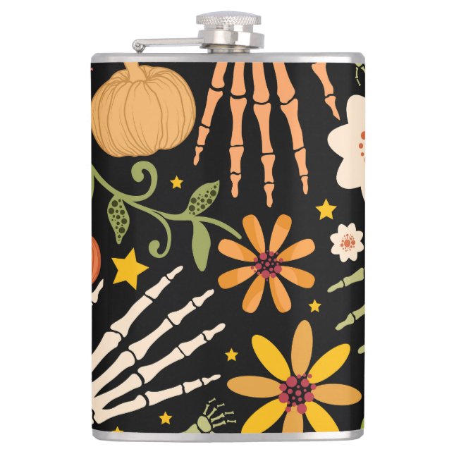 Halloween bones, floral seamless pattern. flask (Front)
