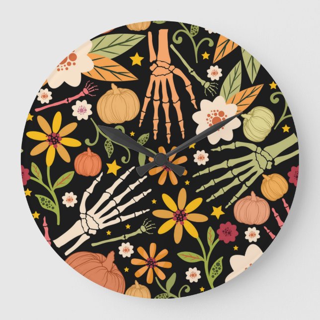 Halloween bones, floral seamless pattern. large clock (Front)