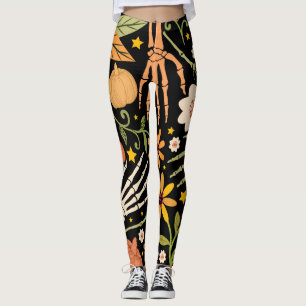 Halloween bones, floral seamless pattern. leggings