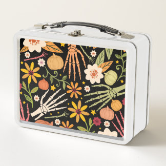 Halloween bones, floral seamless pattern. metal lunch box