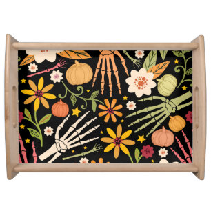 Halloween bones, floral seamless pattern. serving tray