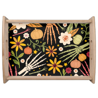 Halloween bones, floral seamless pattern. serving tray