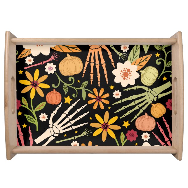 Halloween bones, floral seamless pattern. serving tray (Front)