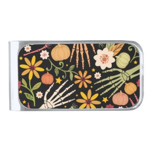Halloween bones, floral seamless pattern. silver finish money clip