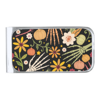 Halloween bones, floral seamless pattern. silver finish money clip