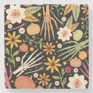 Halloween bones, floral seamless pattern. stone coaster