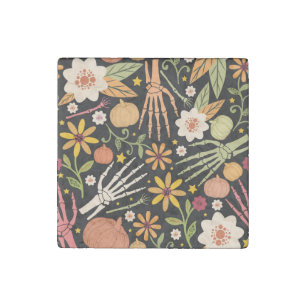 Halloween bones, floral seamless pattern. stone magnet
