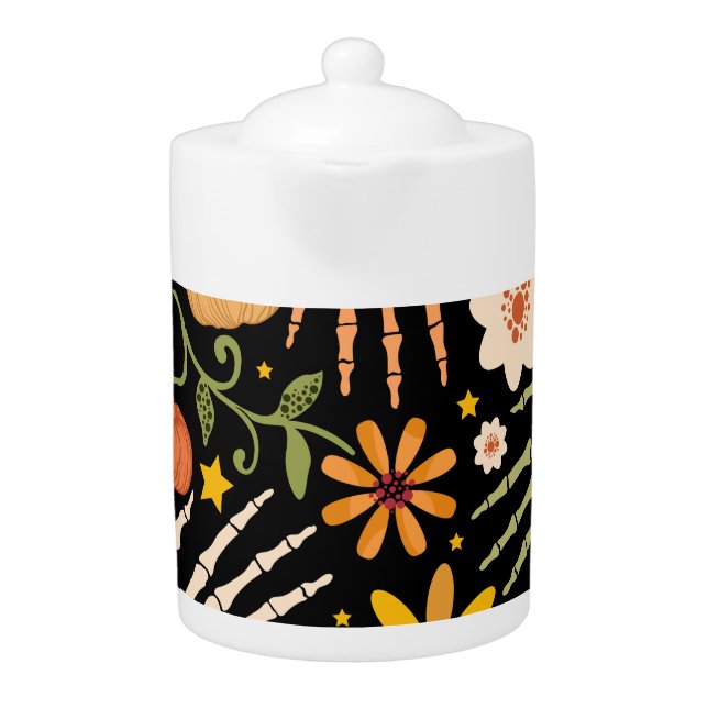 Halloween bones, floral seamless pattern. teapot (Front)