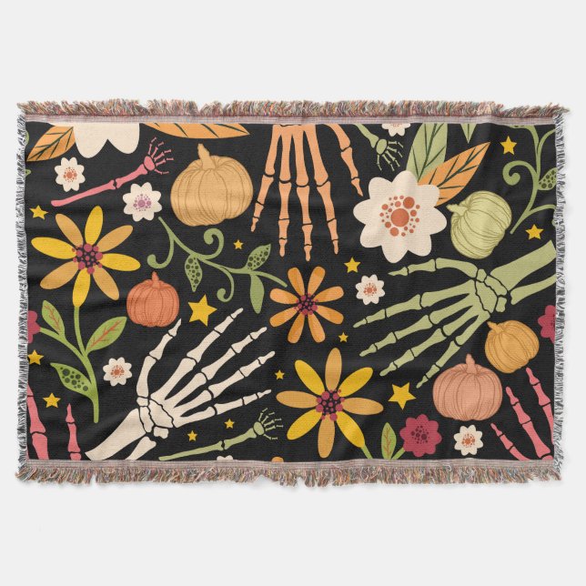 Halloween bones, floral seamless pattern. throw blanket (Front)