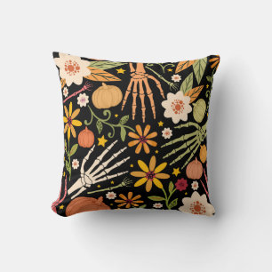 Halloween bones, floral seamless pattern. throw pillow