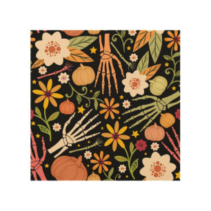 Halloween bones, floral seamless pattern. wood wall art