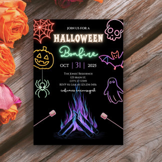 Halloween Bonfire Neon Spooky Night Costume Party Invitation