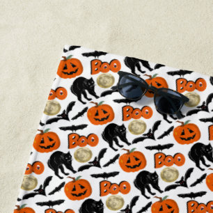 Halloween Boo Bats Cat Pumpkin And Moon Drawing Beach Towel