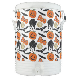 Halloween Boo Bats Cat Pumpkin And Moon Drawing Beverage Cooler