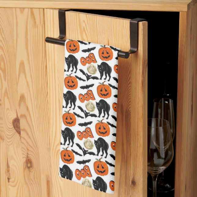 Halloween Boo Bats Cat Pumpkin And Moon Drawing Kitchen Towel (Thirds Fold)