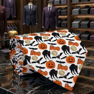 Halloween Boo Bats Cat Pumpkin And Moon Drawing Neck Tie