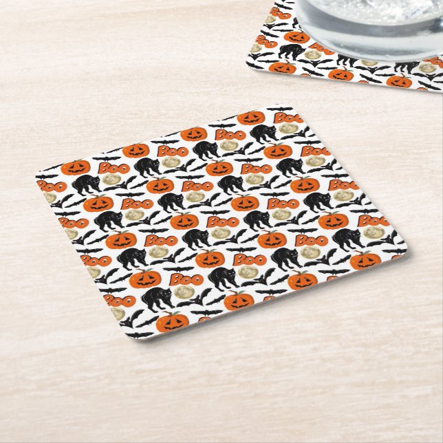 Halloween Boo Bats Cat Pumpkin And Moon Drawing Square Paper Coaster (Angled)