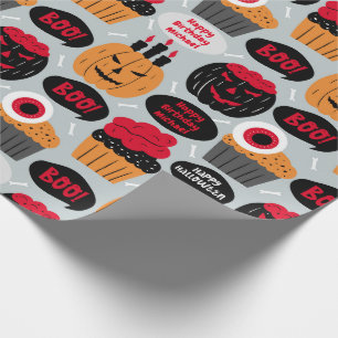 Halloween BOO Birthday Add Name Pumpkins Cupcakes Wrapping Paper