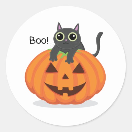 Halloween boo black cat on pumpkin jack o lantern classic round sticker