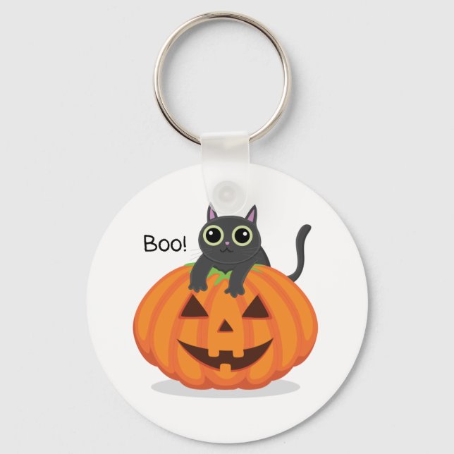 Halloween boo black cat on pumpkin jack o lantern  keychain (Front)