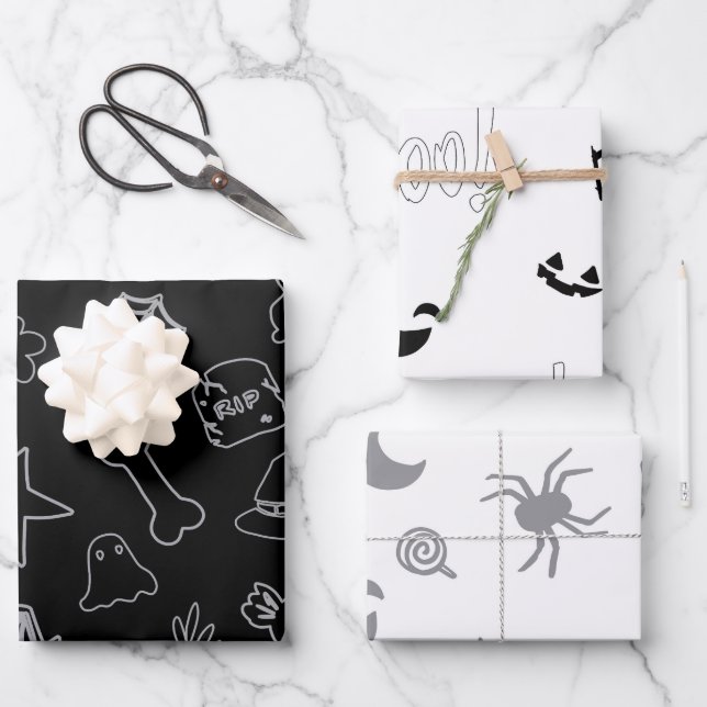Halloween Boo! Black White Wrapping Paper Sheets (Front)