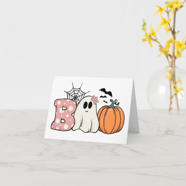 Halloween Boo Ghost Pumpkin Bats Cobweb Card (Yellow Flower)
