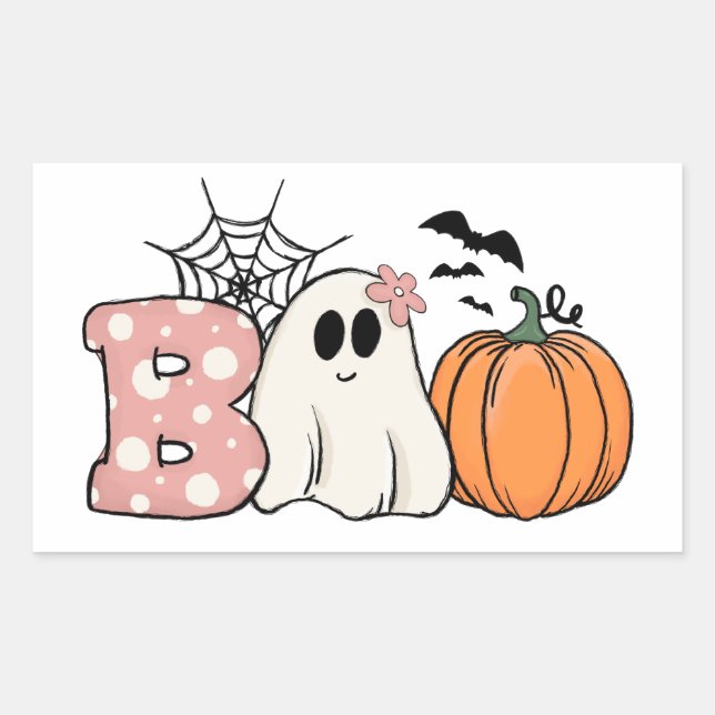 Halloween Boo Ghost Pumpkin Bats Cobweb Rectangular Sticker (Front)