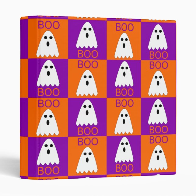 Halloween Boo Ghost Purple and Orange Squares 3 Ring Binder (Front/Spine)