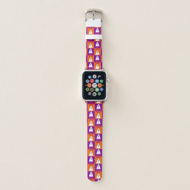 Halloween Boo Ghost Purple and Orange Squares Apple Watch Band (Front)