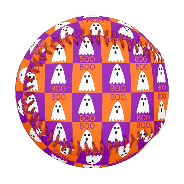 Halloween Boo Ghost Purple and Orange Squares Baseball (Front Left)