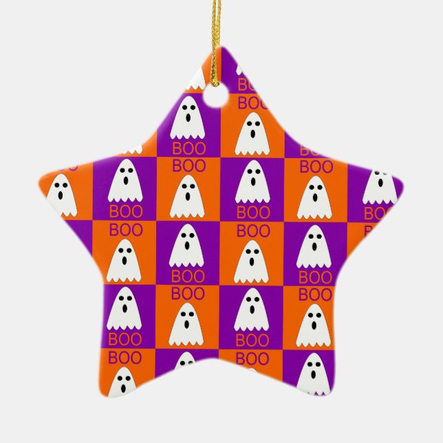 Halloween Boo Ghost Purple and Orange Squares Ceramic Ornament (Front)