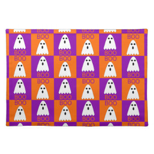Halloween Boo Ghost Purple and Orange Squares Cloth Placemat
