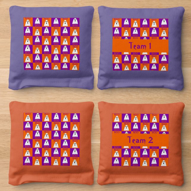 Halloween Boo Ghost Purple and Orange Squares Cornhole Bags (Wood)
