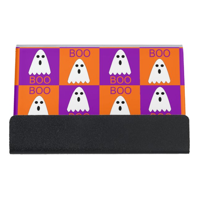 Halloween Boo Ghost Purple and Orange Squares Desk Business Card Holder (Front)