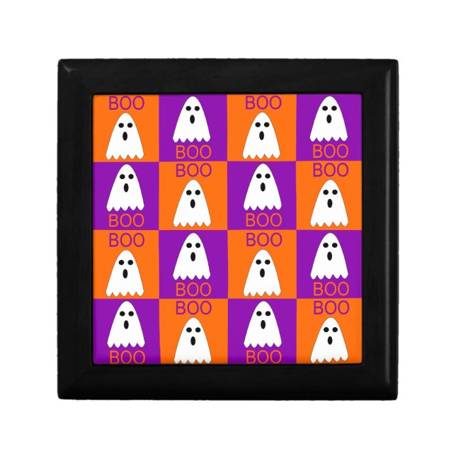 Halloween Boo Ghost Purple and Orange Squares Gift Box (Front)