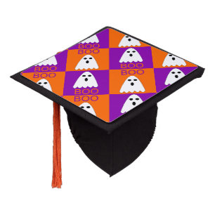 Halloween Boo Ghost Purple and orange Squares Graduation Cap Topper