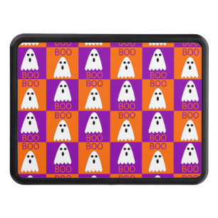 Halloween Boo Ghost Purple and Orange Squares Hitch Cover