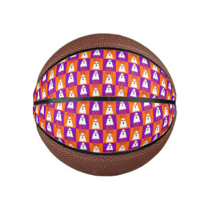 Halloween Boo Ghost Purple and Orange Squares Mini Basketball