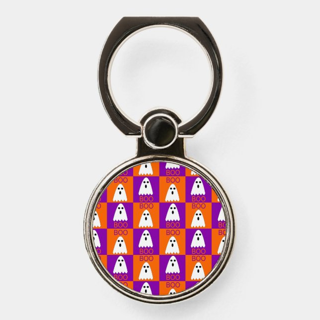 Halloween Boo Ghost Purple and Orange Squares Phone Ring Stand (Front)