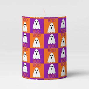 Halloween Boo Ghost Purple and Orange Squares Pillar Candle