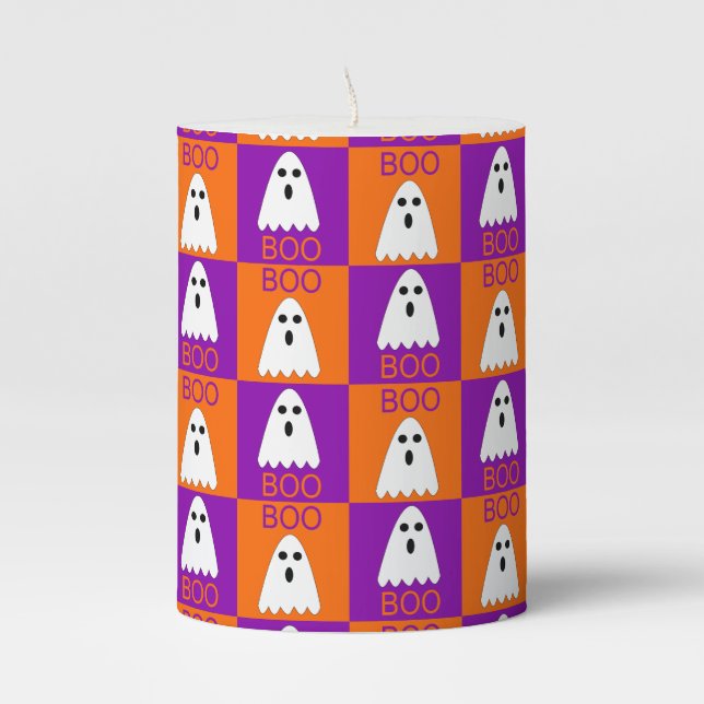 Halloween Boo Ghost Purple and Orange Squares Pillar Candle (Front)