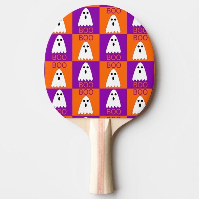 Halloween Boo Ghost Purple and Orange Squares Ping Pong Paddle (Front)