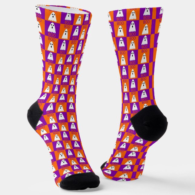 Halloween Boo Ghost Purple and Orange Squares Socks (Angled)