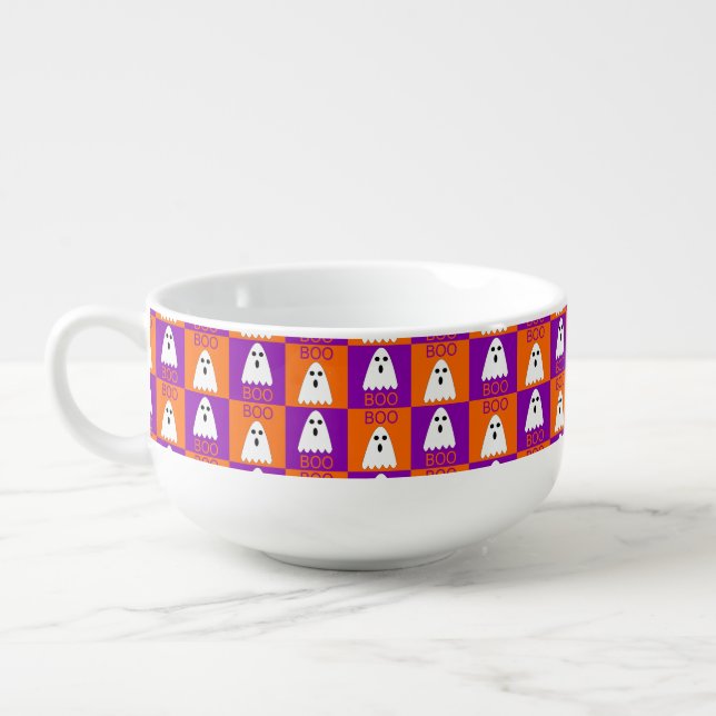 Halloween Boo Ghost Purple and Orange Squares Soup Mug (Right)