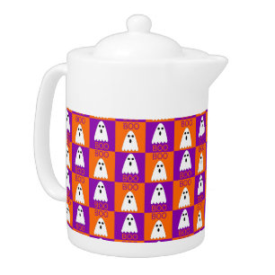Halloween Boo Ghost Purple and Orange Squares Teapot