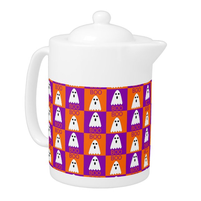 Halloween Boo Ghost Purple and Orange Squares Teapot (Left)