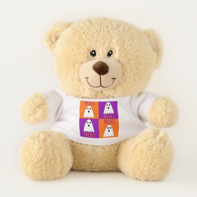Halloween Boo Ghost Purple and Orange Squares Teddy Bear (Front)