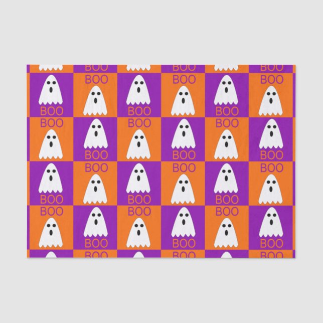 Halloween Boo Ghost Purple and Orange Squares Tissue Paper (Front)
