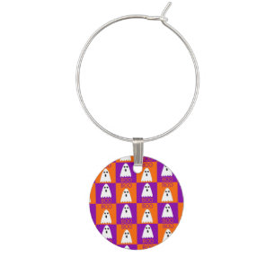 Halloween Boo Ghost Purple and Orange Squares Wine Charm