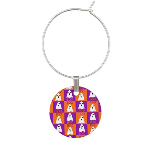 Halloween Boo Ghost Purple and Orange Squares Wine Charm